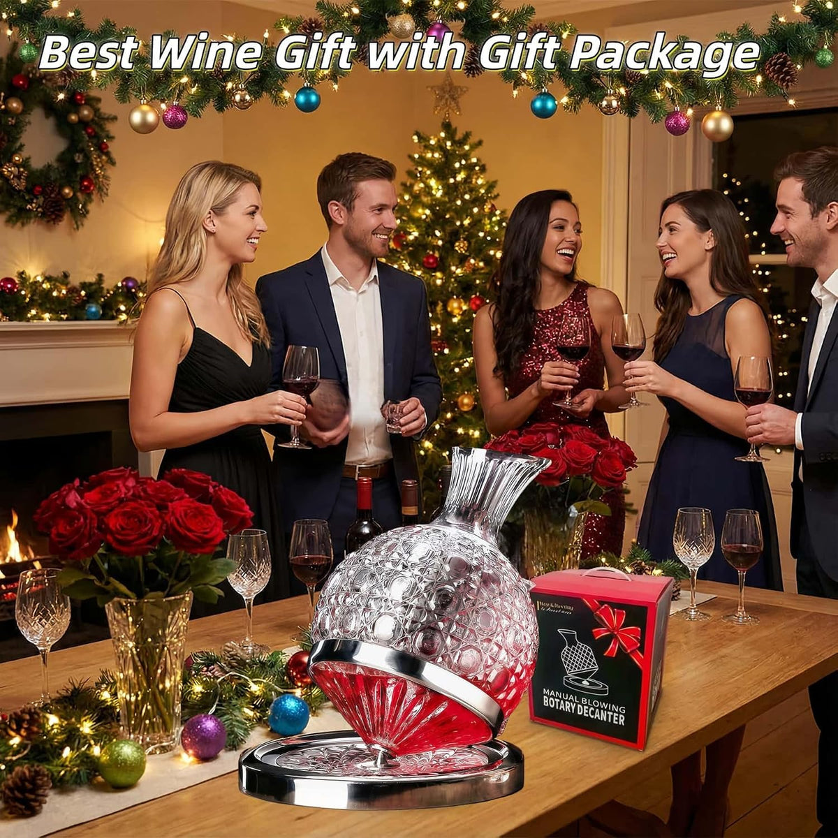 Wine Decanter Set - Spinning Crystal Red Wine Decanter Carafes,  360° Rotory Hand Blown 1.5L Lead-Free Glass Wine Aerator Quick Wake Up，Wine Gift for Wine Lover, Father Day Gift (Silver+Clear)