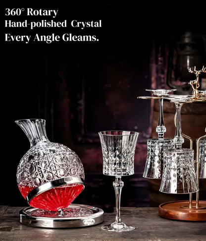 Wine Decanter Set - Spinning Crystal Red Wine Decanter Carafes,  360° Rotory Hand Blown 1.5L Lead-Free Glass Wine Aerator Quick Wake Up，Wine Gift for Wine Lover, Father Day Gift (Silver+Clear)
