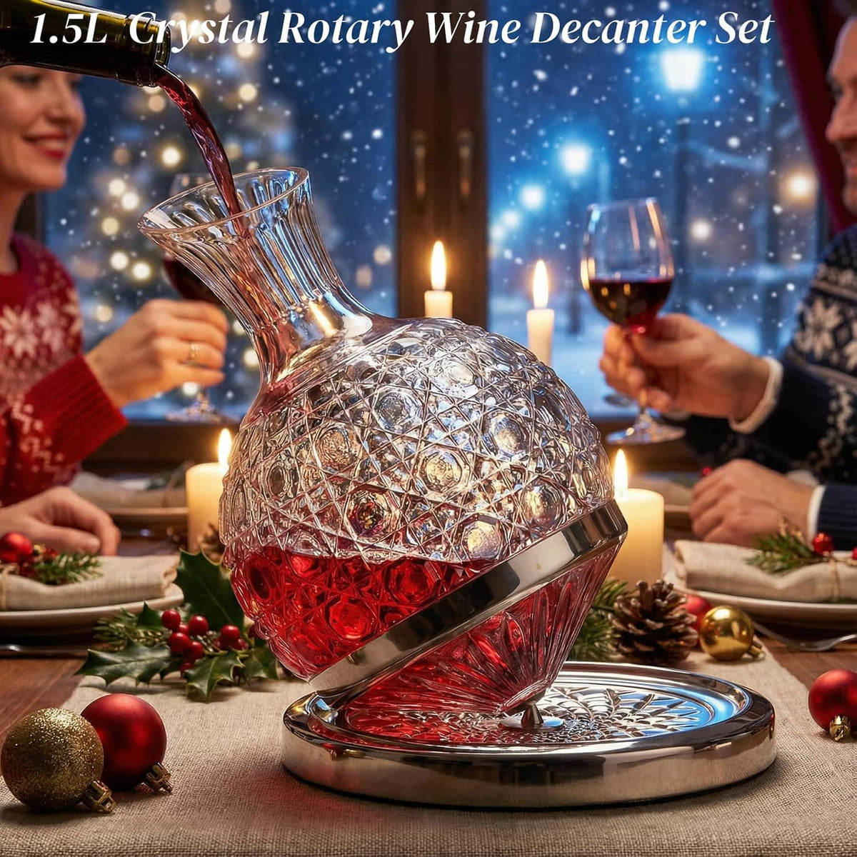 Wine Decanter Set - Spinning Crystal Red Wine Decanter Carafes,  360° Rotory Hand Blown 1.5L Lead-Free Glass Wine Aerator Quick Wake Up，Wine Gift for Wine Lover, Father Day Gift (Silver+Clear)