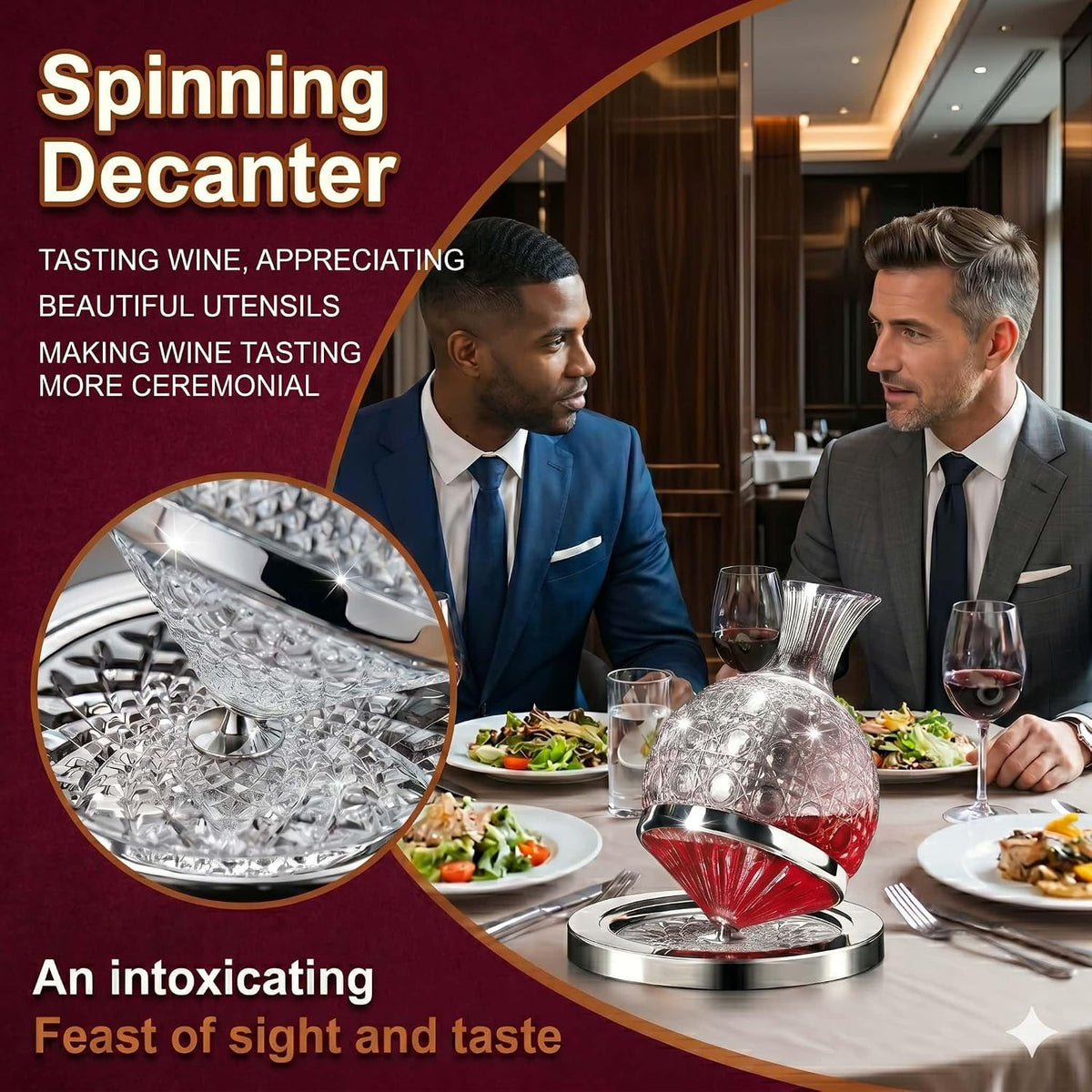 Wine Decanter Set - Spinning Crystal Red Wine Decanter Carafes,  360° Rotory Hand Blown 1.5L Lead-Free Glass Wine Aerator Quick Wake Up，Wine Gift for Wine Lover, Father Day Gift (Silver+Clear)