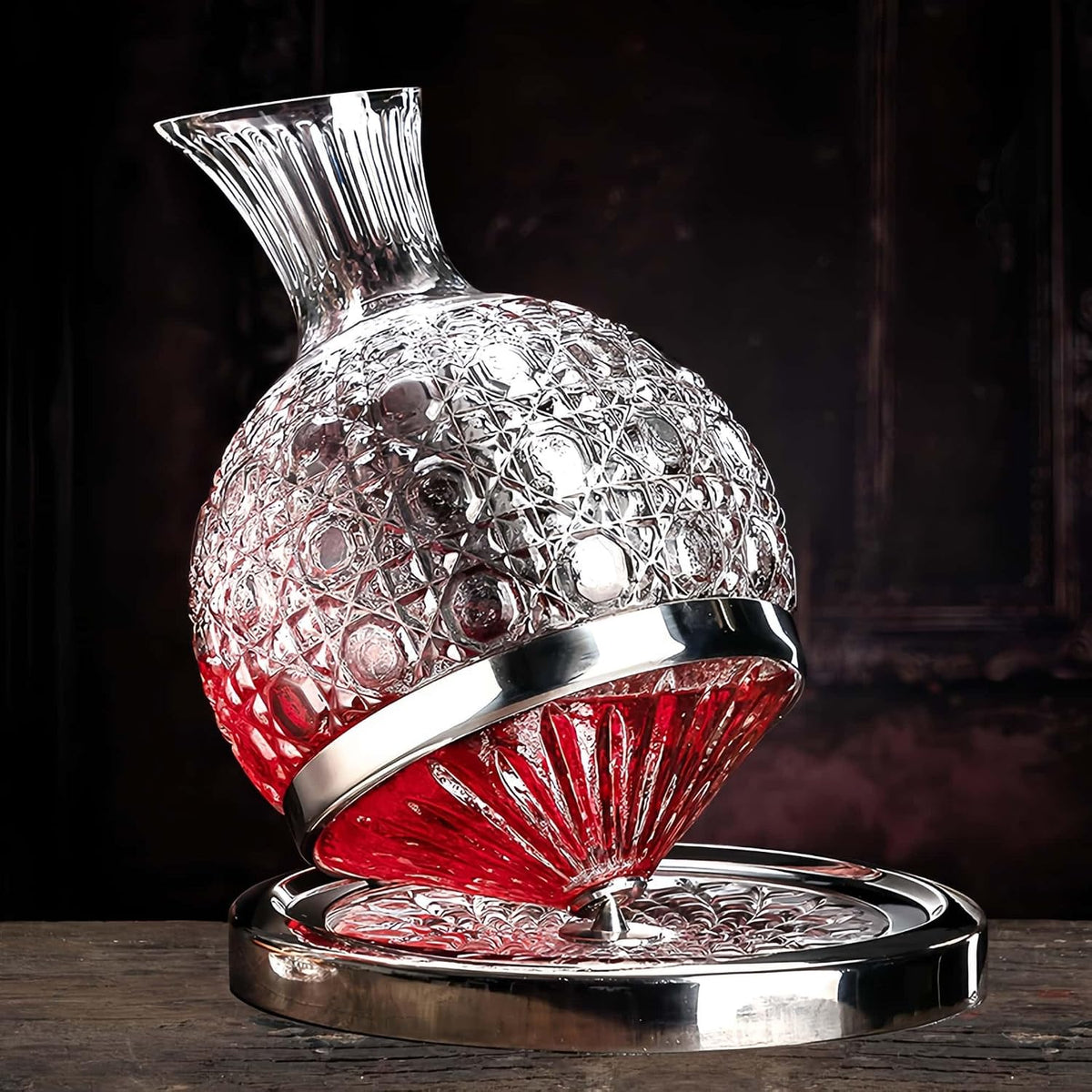 Wine Decanter Set - Spinning Crystal Red Wine Decanter Carafes,  360° Rotory Hand Blown 1.5L Lead-Free Glass Wine Aerator Quick Wake Up，Wine Gift for Wine Lover, Father Day Gift (Silver+Clear)