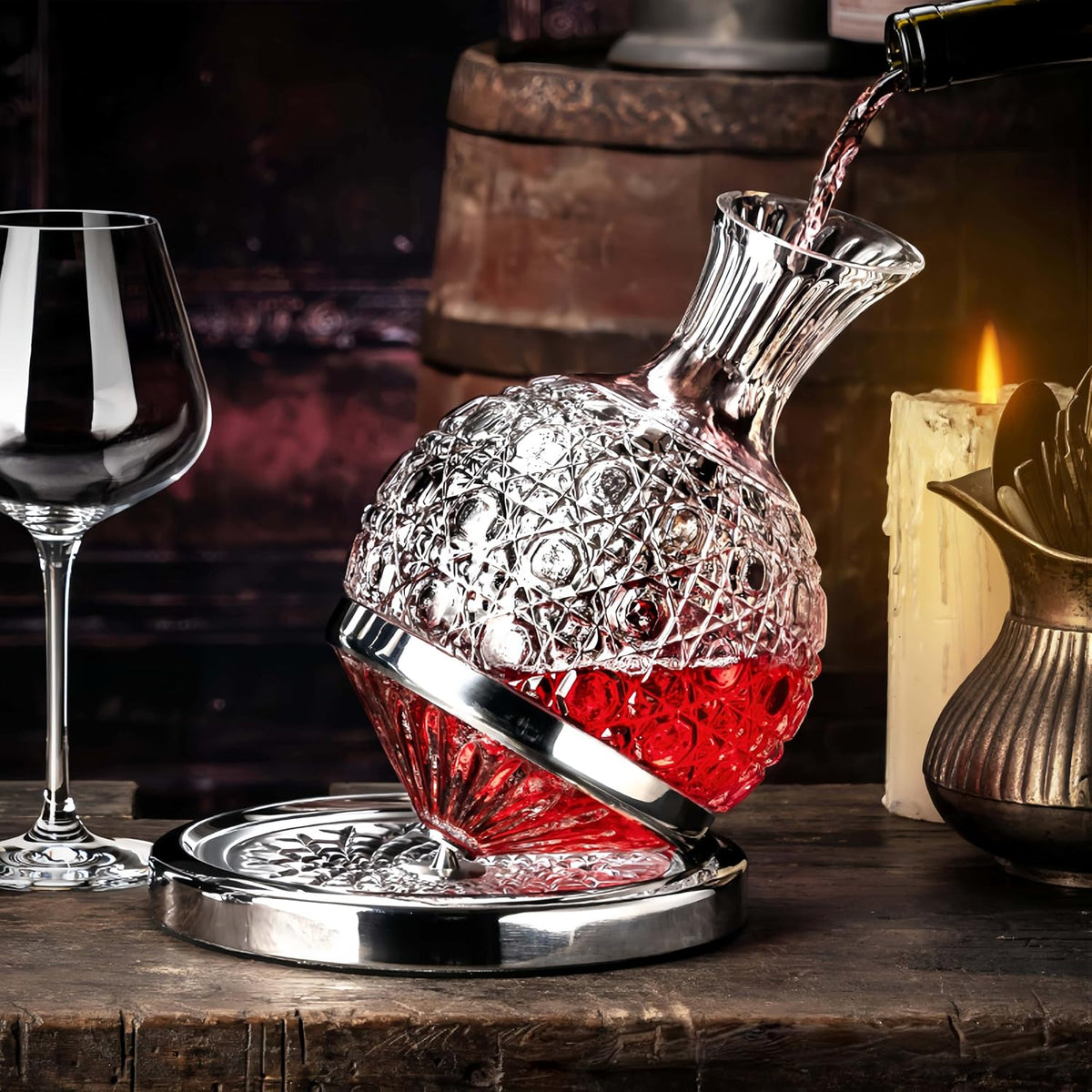 Wine Decanter Set - Spinning Crystal Red Wine Decanter Carafes,  360° Rotory Hand Blown 1.5L Lead-Free Glass Wine Aerator Quick Wake Up，Wine Gift for Wine Lover, Father Day Gift (Silver+Clear)