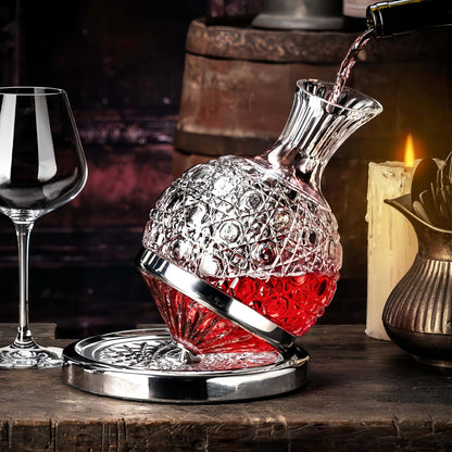 Wine Decanter Set - Spinning Crystal Red Wine Decanter Carafes,  360° Rotory Hand Blown 1.5L Lead-Free Glass Wine Aerator Quick Wake Up，Wine Gift for Wine Lover, Father Day Gift (Silver+Clear)